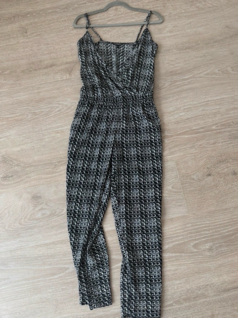 Express Black & White Patterned Spaghetti Strap Jumpsuit